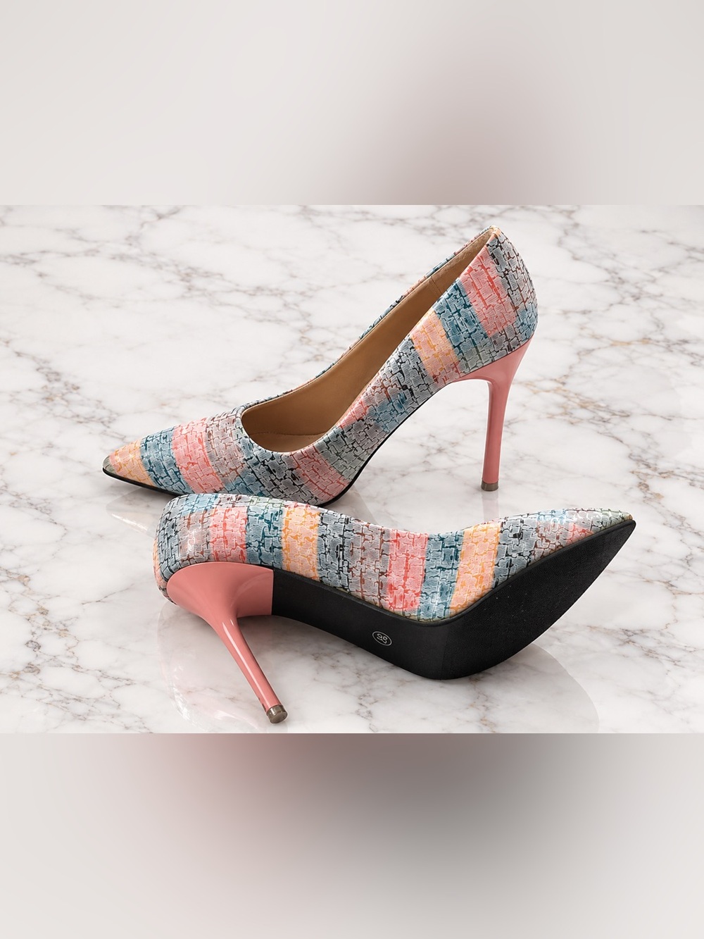 Multicolor Tweed Pointed-Toe Stiletto Pump - Pink Heel